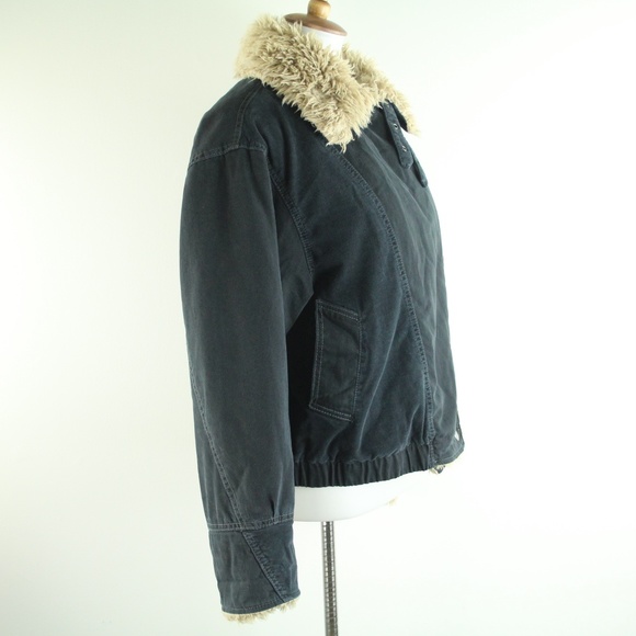 Free People Owen Black Sherpa Trim Asymmetrical Snap Front Bomber Jacket S - Picture 7 of 10